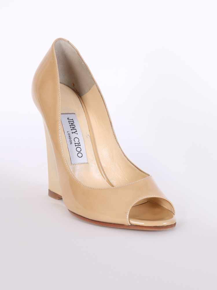 Jimmy Choo Baxen Patent Open Toe Gold Wedge Pumps Nude 36 5 www.luxurybags