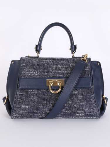 Salvatore Ferragamo Sofia Medium Woven Top Handle with Strap Dark Blue www.luxurybags
