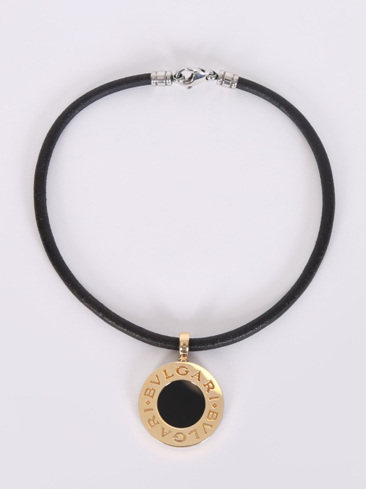 Bulgari Onyx 750 1000 Yellow Gold Steel Pendant Leather Necklace www.luxurybags