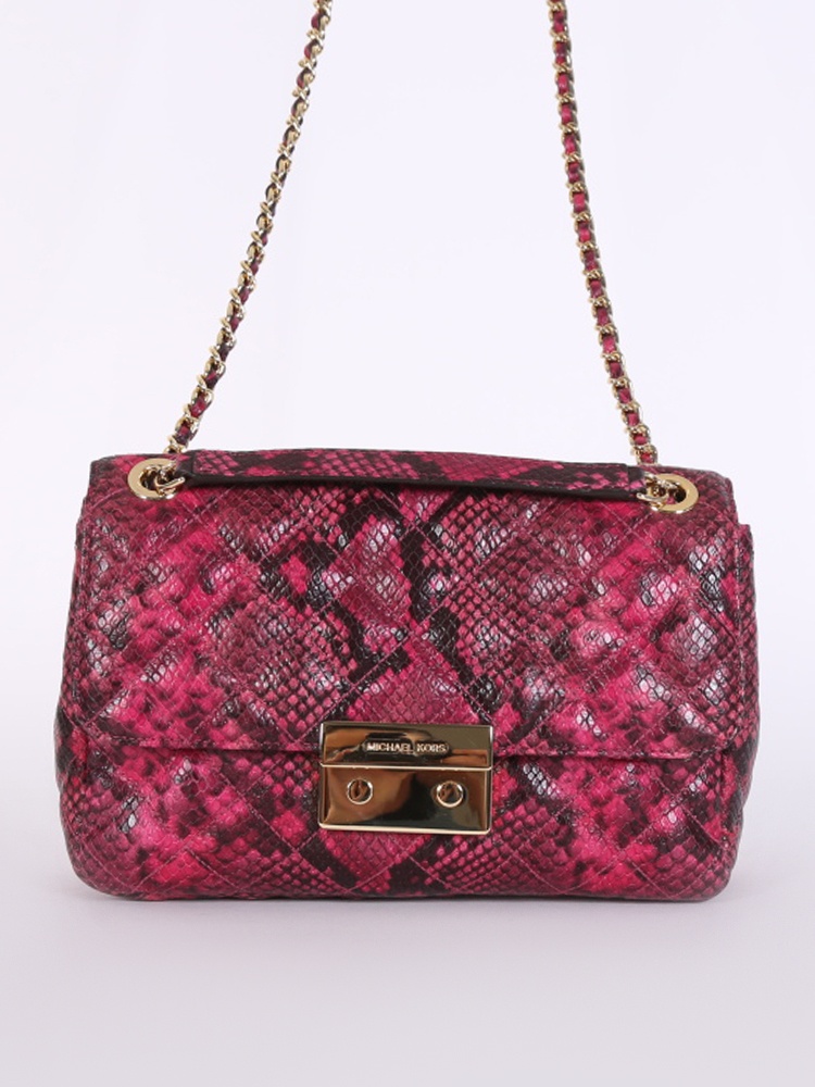 Michael Kors Astor Large Snake Print Pouchette Shoulder Bag - Deep Fuchsia