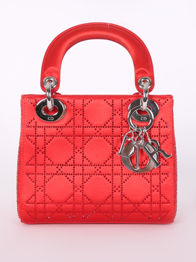 Dior Lady Dior Mini Rhinestones Cannage Satin Red www.luxurybags