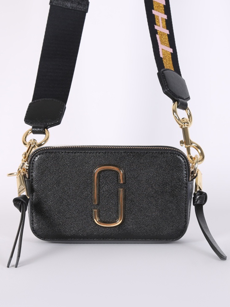 Marc Jacobs Black The Logo Strap Snapshot Small Saffiano Leather Camera Bag  at FORZIERI