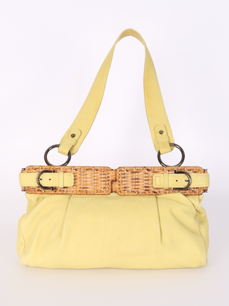 Salvatore Ferragamo Wicker Trim Leather Shoulder Bag Lime www.luxurybags