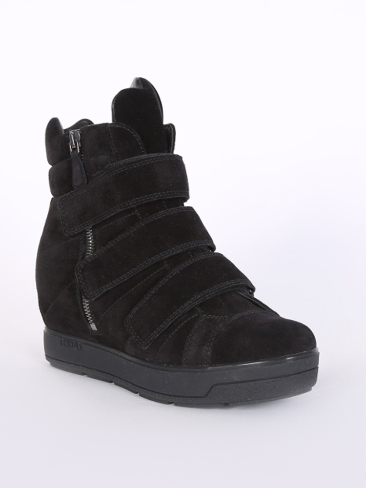 Prada Velcro Suede Leather Wedge Sneakers Black 36 www.luxurybags