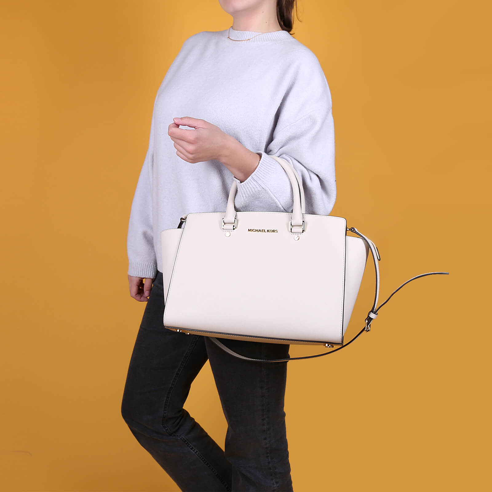 Michael Kors Selma Medium Saffiano Leather Satchel White www.luxurybags