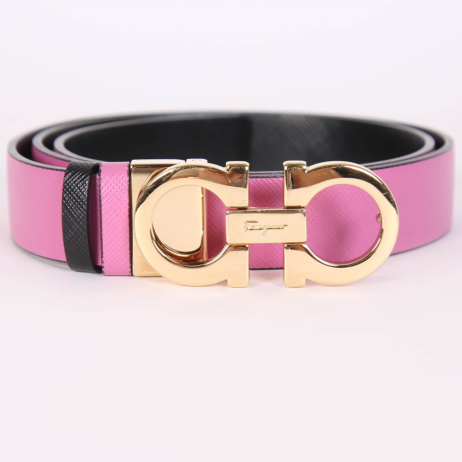 Salvatore Ferragamo Gancini Calfskin Reversible Thin Belt Pink Black 80 www.luxurybags