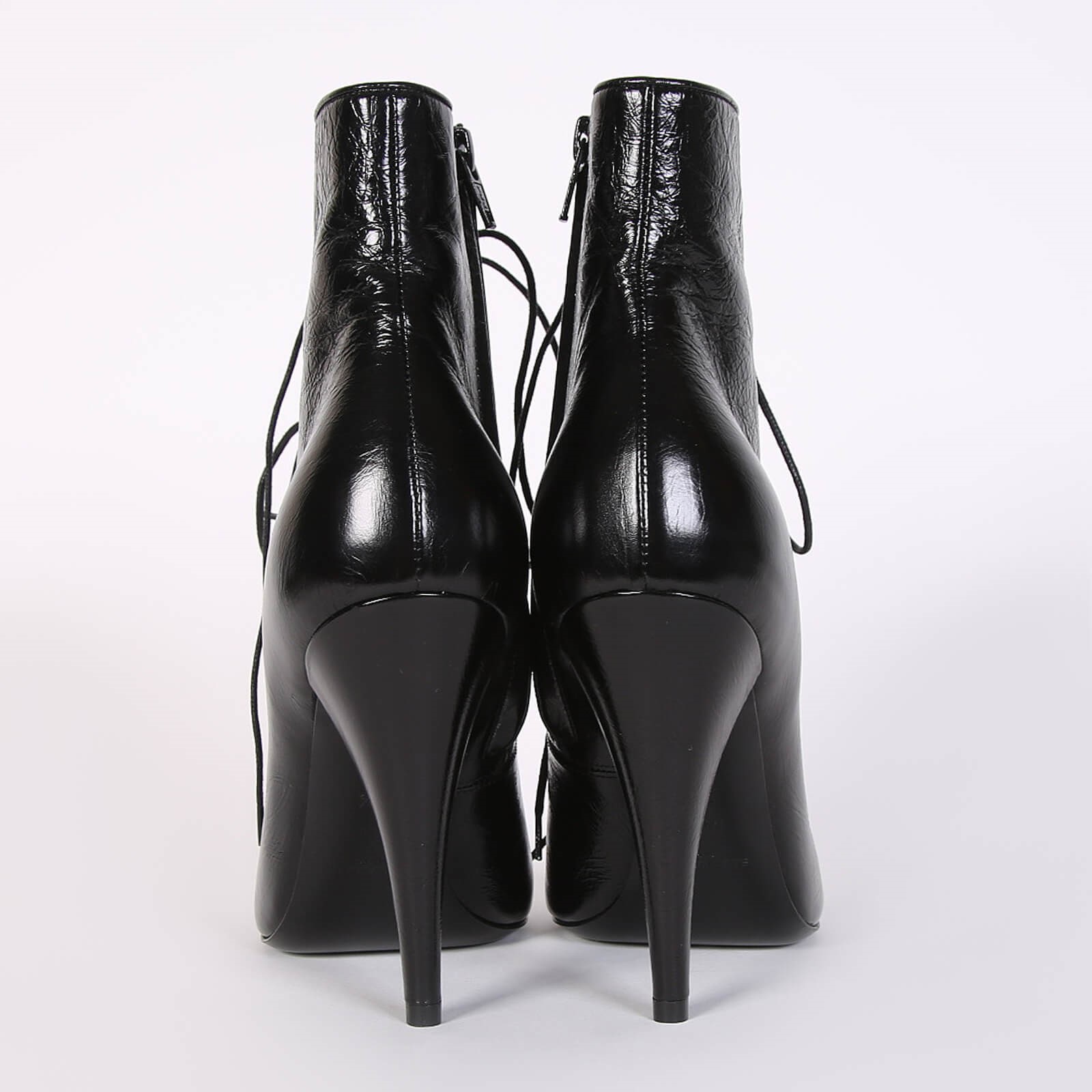 Saint Laurent Fetish Polished Leather Lace Up Pointy Toe Boots Black 38 5 www.luxurybags