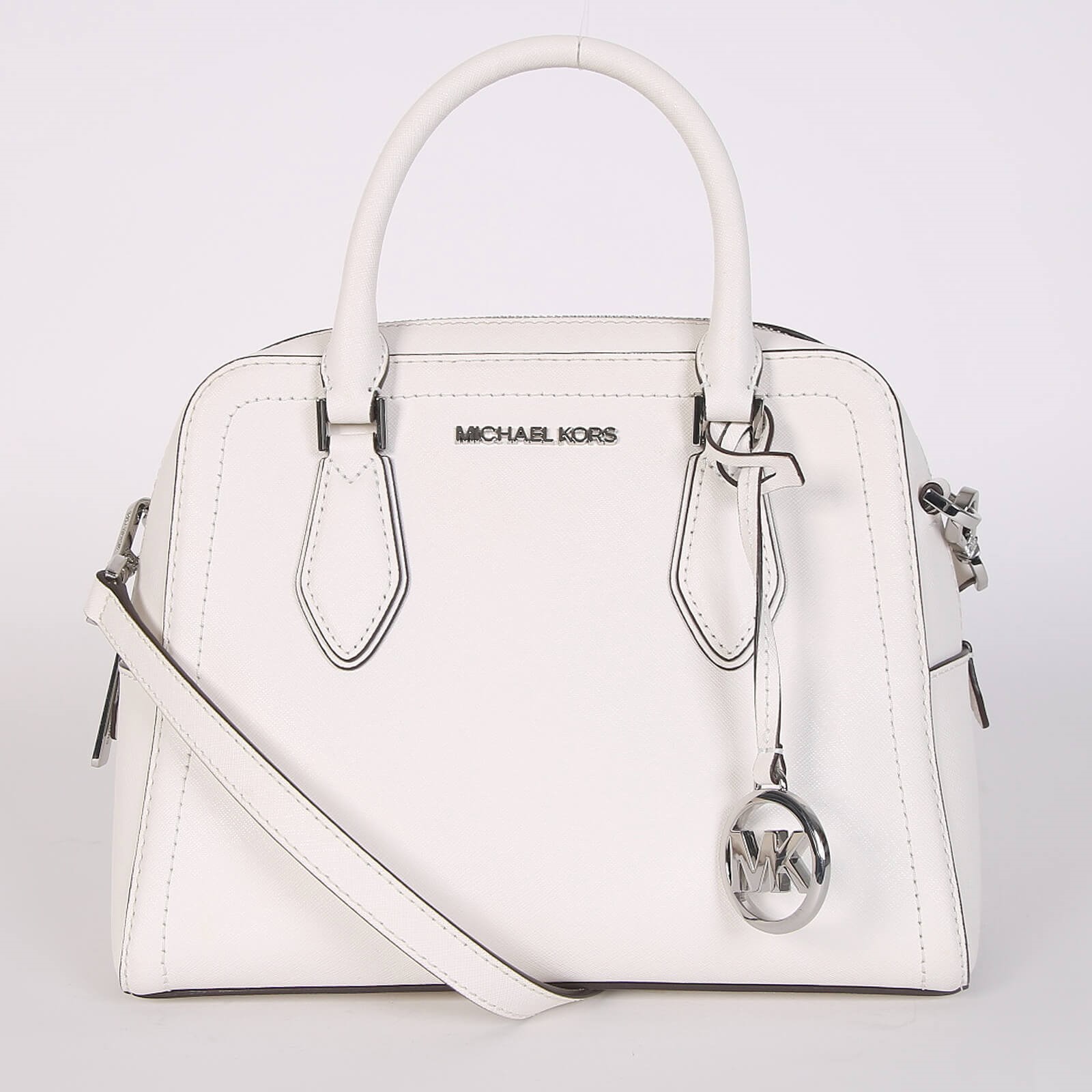 Michael Kors Ayden Medium Saffiano Leather Dome Satchel with Strap White www.luxurybags