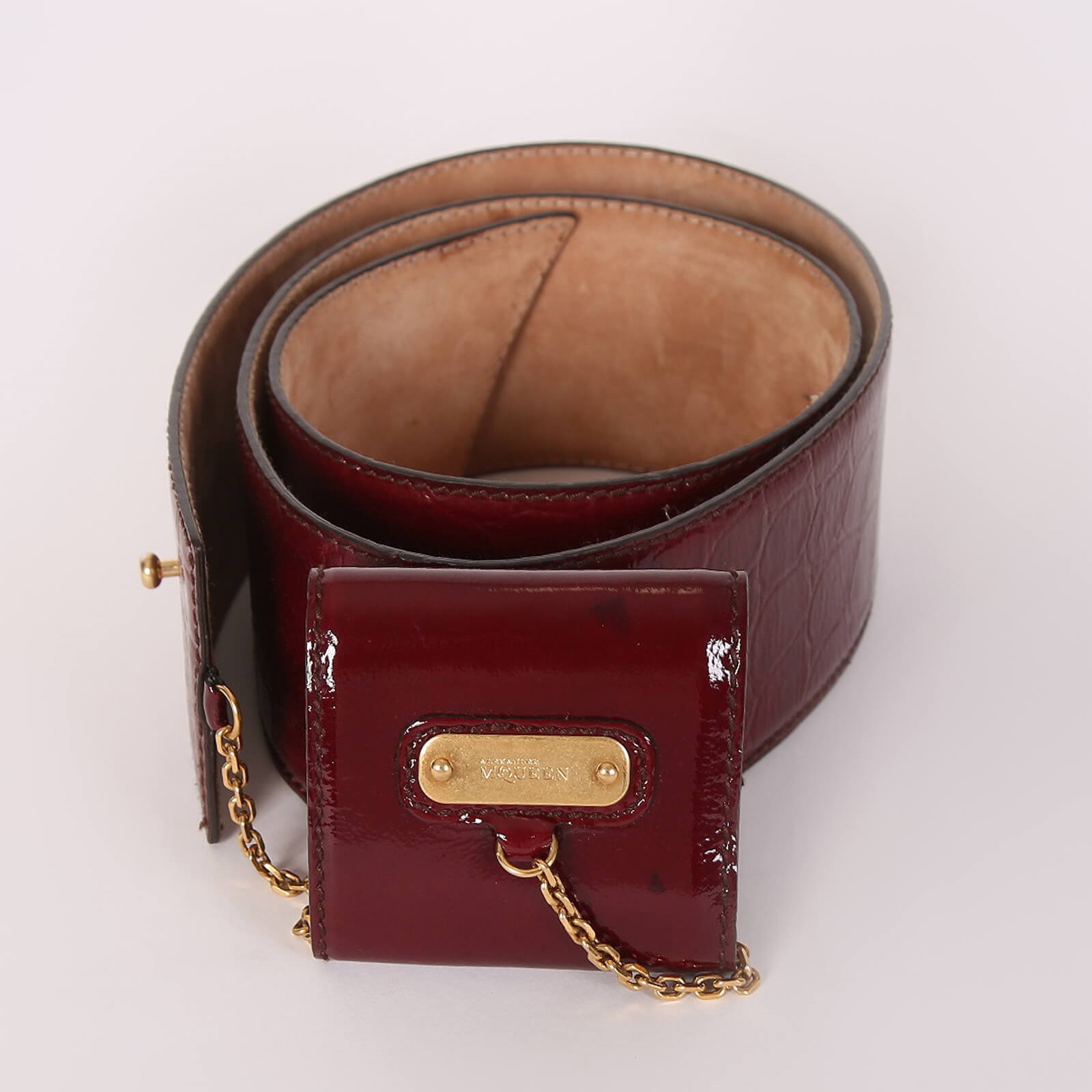 Alexander McQueen Croco Embossed Patent Leather Wide Waist Belt Burgundy 90 www.luxurybags