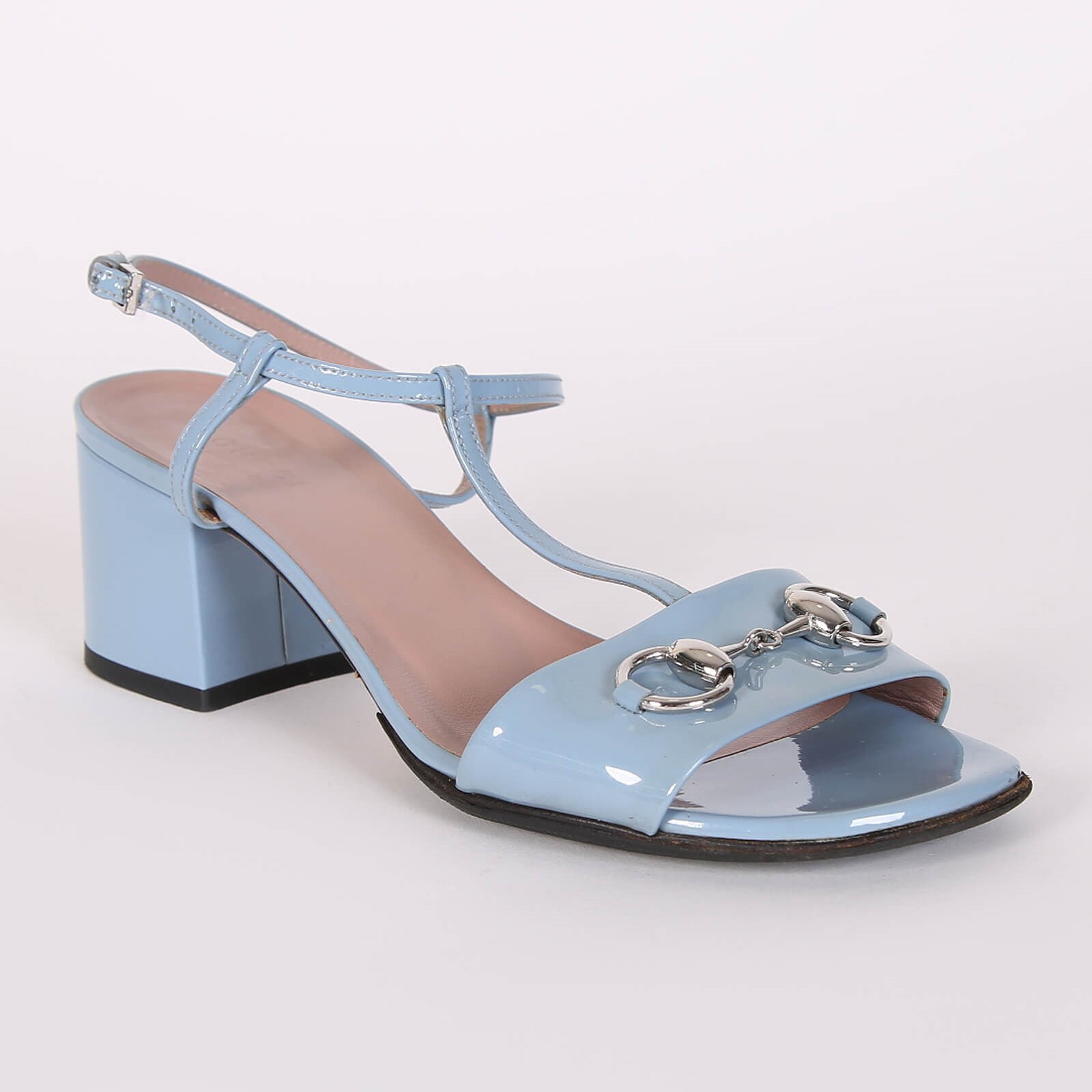 Gucci Horsebit Patent Leather T Strap Block Heel Sandals Light Blue 37 www.luxurybags
