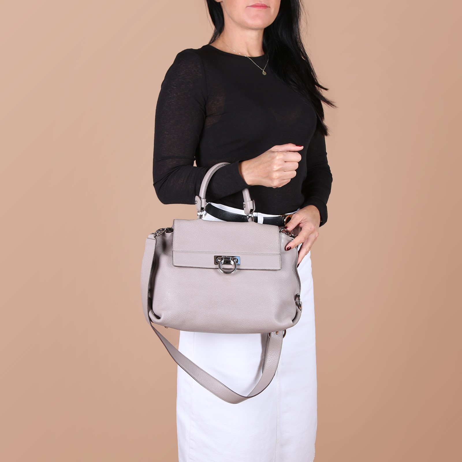 Salvatore Ferragamo Sofia Medium Calfskin Top Handle Bag with Strap Grey www.luxurybags