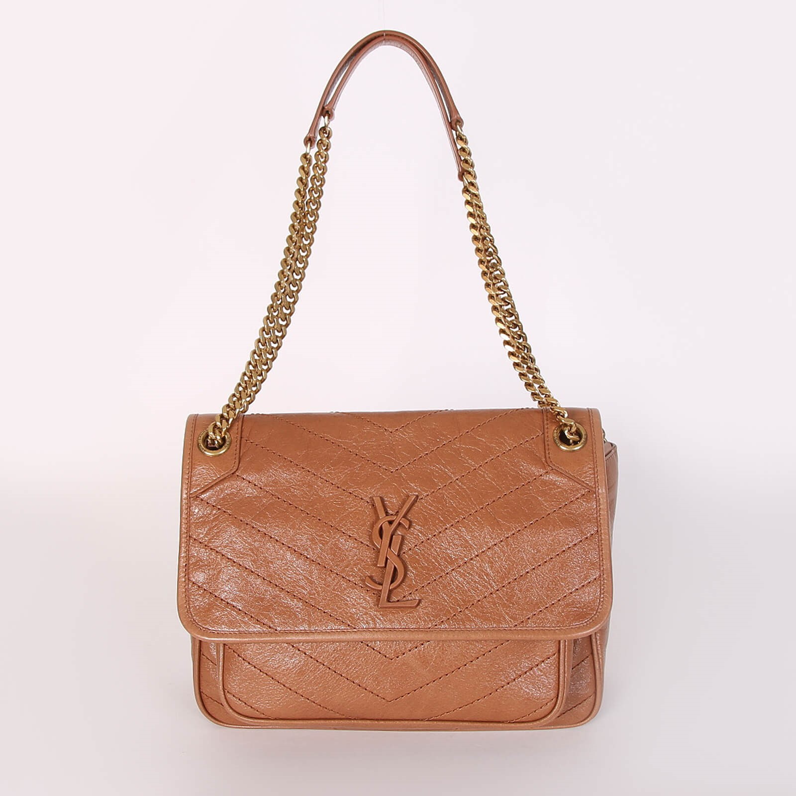Saint Laurent Niki Medium Quilted Crinkled Leather Chain Bag Light Caramel www.luxurybags