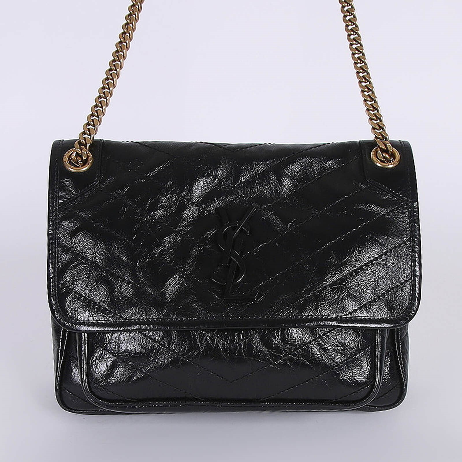 Saint Laurent Niki Medium Quilted Crinkled Leather Chain Bag Black www.luxurybags