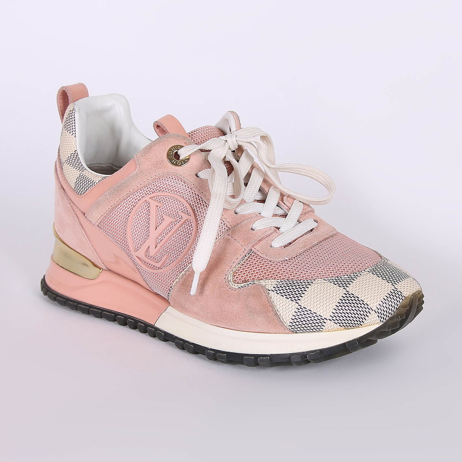 Louis Vuitton Run Away Suede Damier Azur Canvas Sneakers Pink 35 www.luxurybags