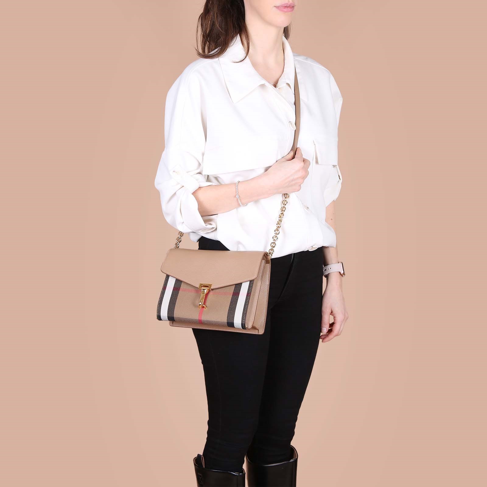 Burberry Macken Small Leather and House Check Crossbody Bag Camel www.luxurybags