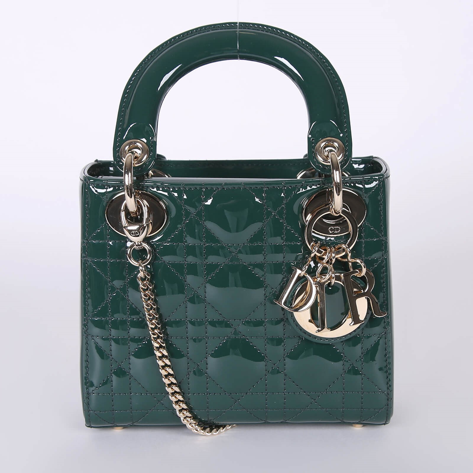 Dior Lady Dior Mini Cannage Patent Calfskin with Chain Dark Green www.luxurybags
