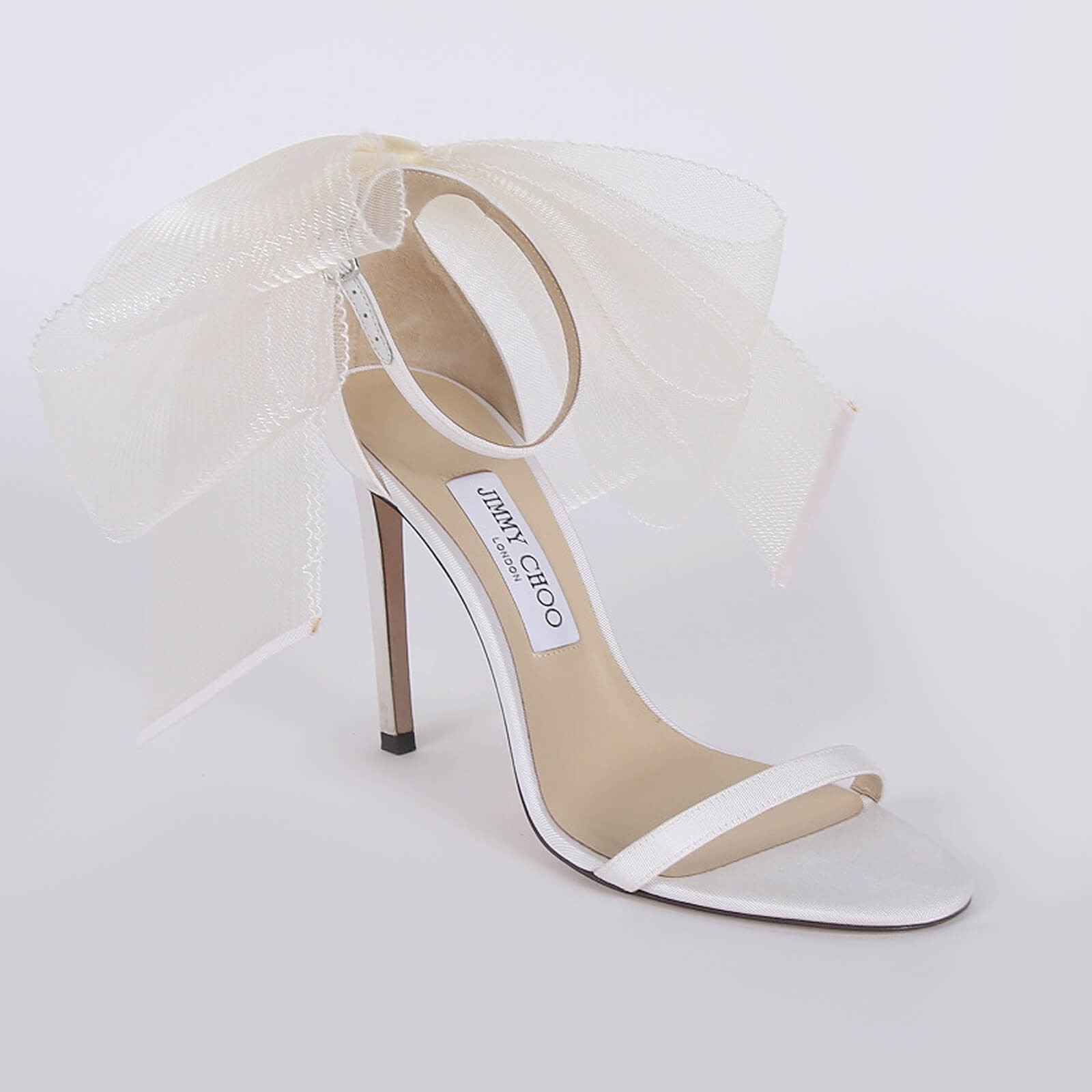 Jimmy Choo Aveline 100 Asymmetric Grosgrain Mesh Fascinator Bows Sandals White 39 5 www.luxurybags
